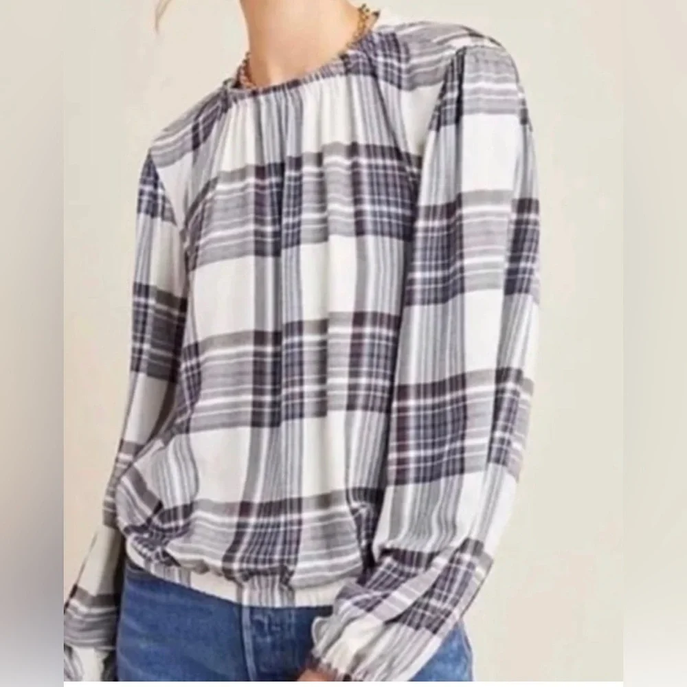 Cloth and Stone for Anthroplogie medium purple & white plaid long sleeved - Picture 2 of 10